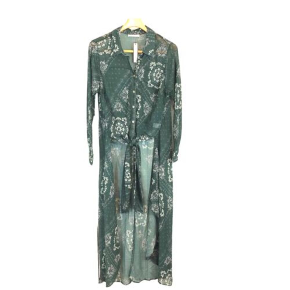 Soncy Women's SZ 12 Semi Sheer High‎ Low Duster Green White Bandana Print - Picture 6 of 8